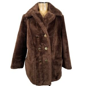 Vintage Sears Brown Faux Fur Teddy Coat Double Breasted Gold Retro 70s